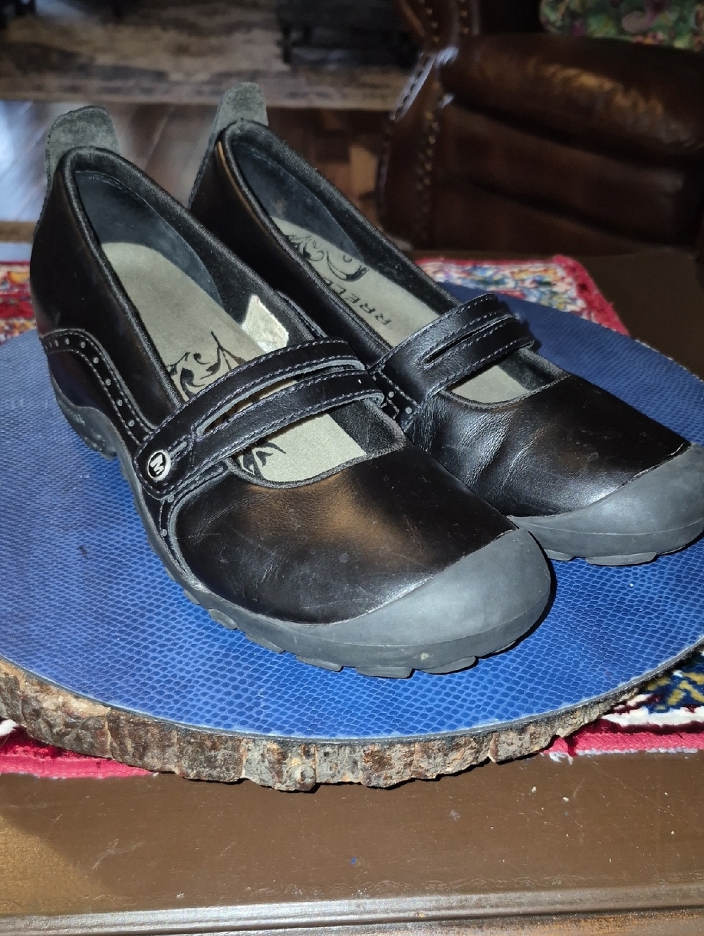 Merrell Plaza Bandeau Black Leather Comfort Wedge Mary Jane Shoes. (#2024S).